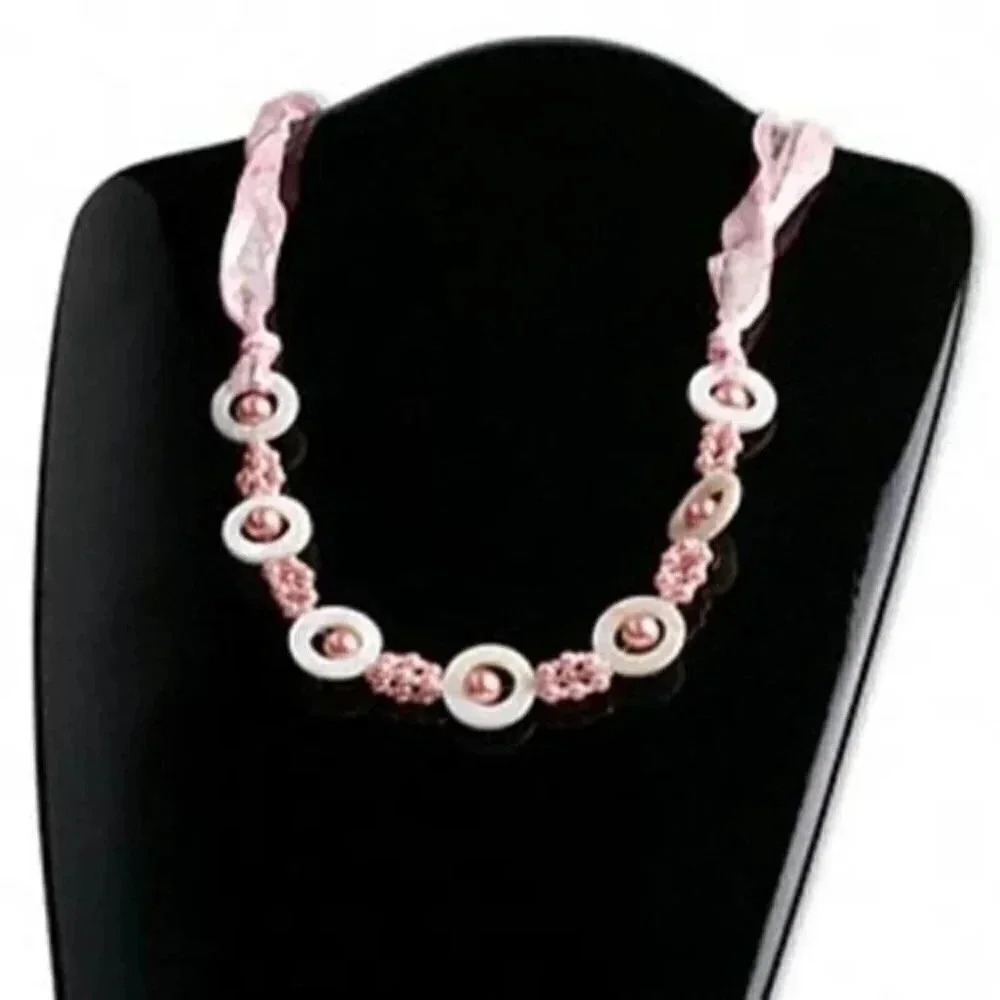 36" Awareness Pink MOP Glass Pearls Ribbon Tie Necklace